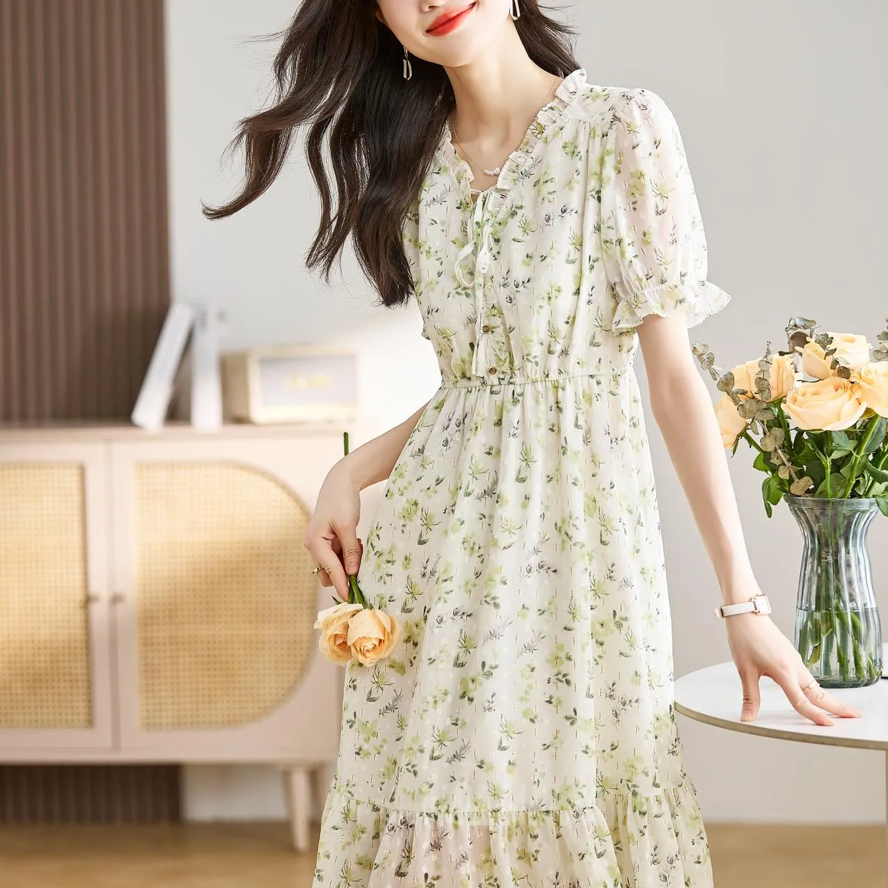 Women's Ruched Dress with Stunning Floral Print and Ruffle Accents
