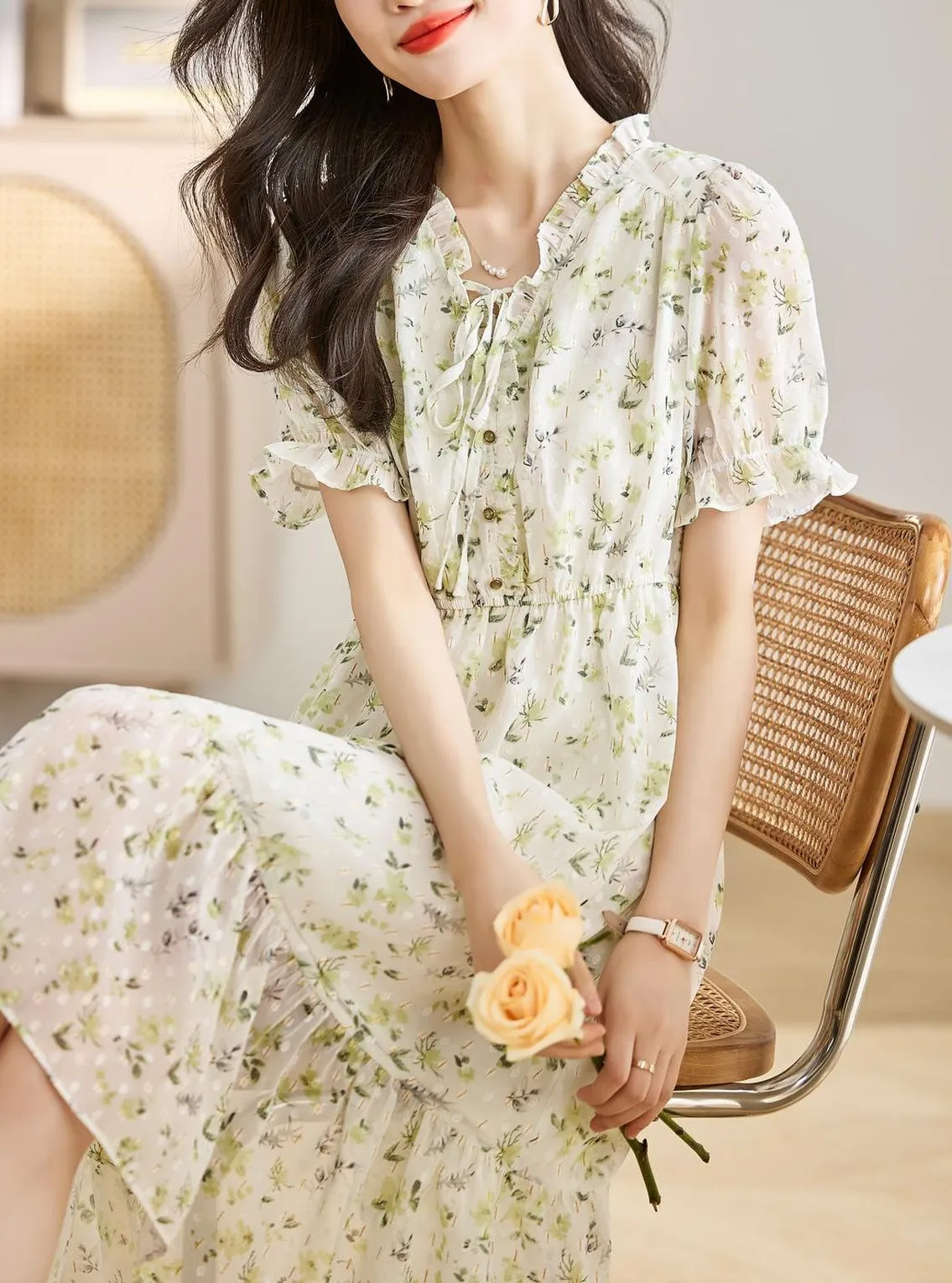 Women's Ruched Dress with Stunning Floral Print and Ruffle Accents