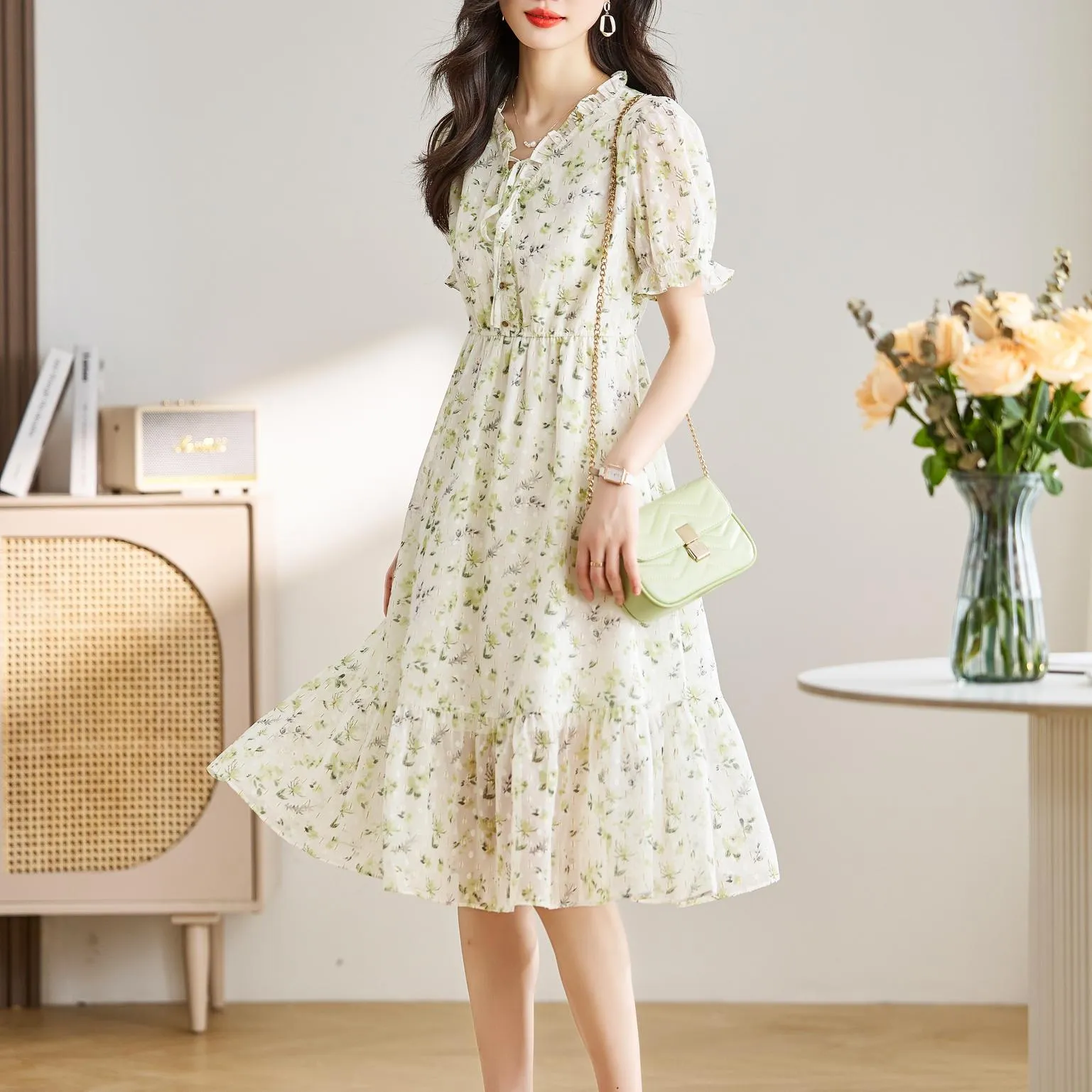 Women's Ruched Dress with Stunning Floral Print and Ruffle Accents