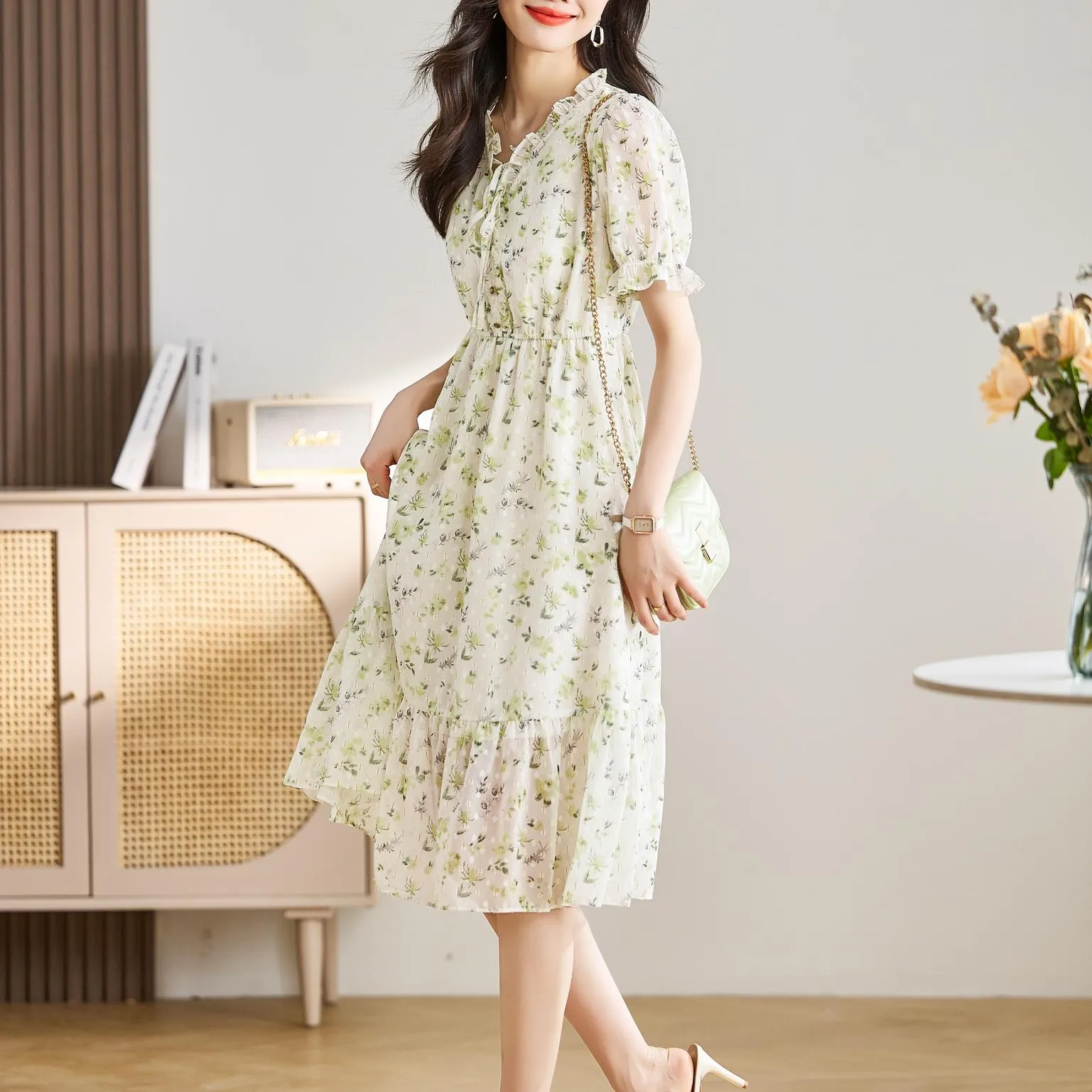 Women's Ruched Dress with Stunning Floral Print and Ruffle Accents