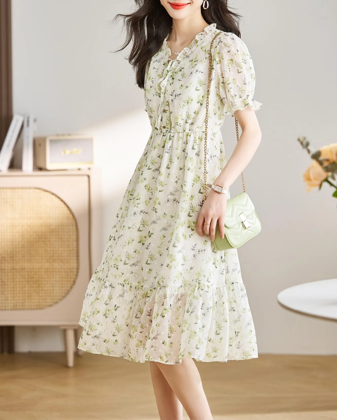 Women's Ruched Dress with Stunning Floral Print and Ruffle Accents
