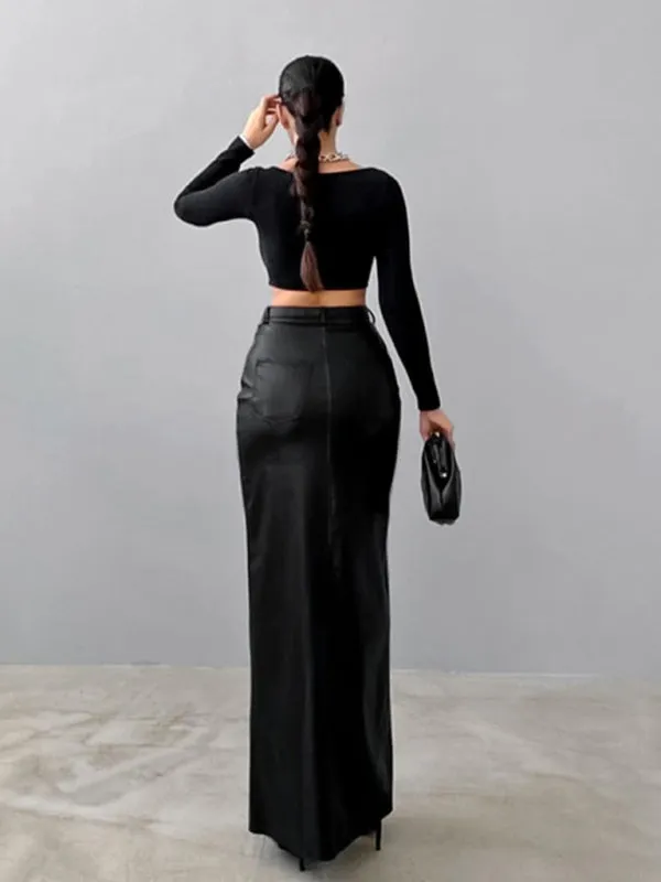 Women's Slit High Waist Simple Leather Slim Skirt