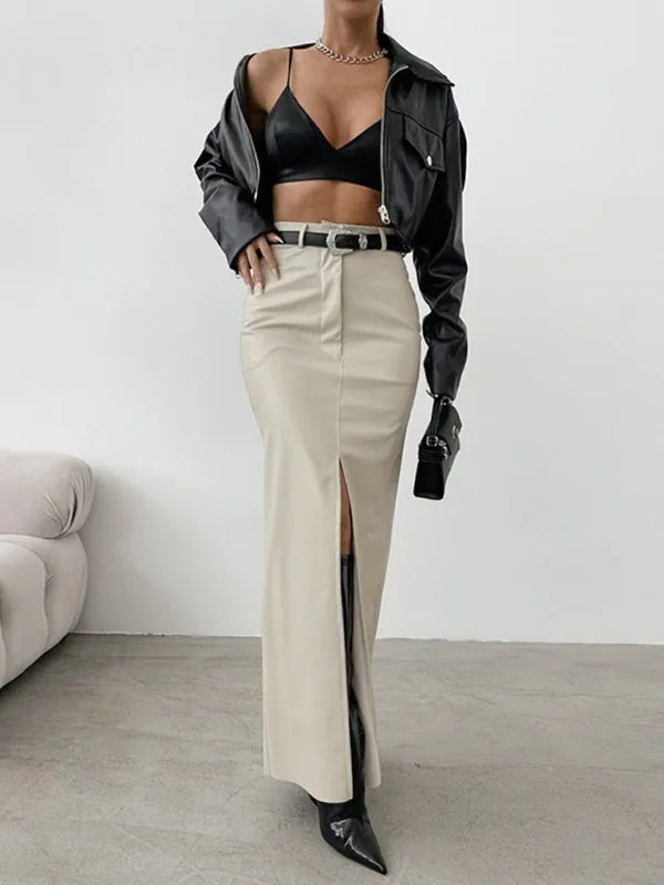 Women's Slit High Waist Simple Leather Slim Skirt