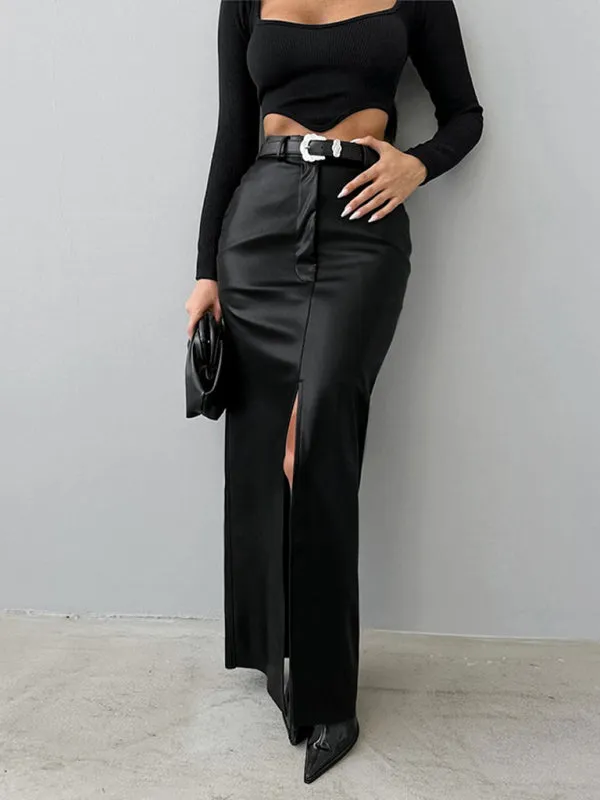 Women's Slit High Waist Simple Leather Slim Skirt