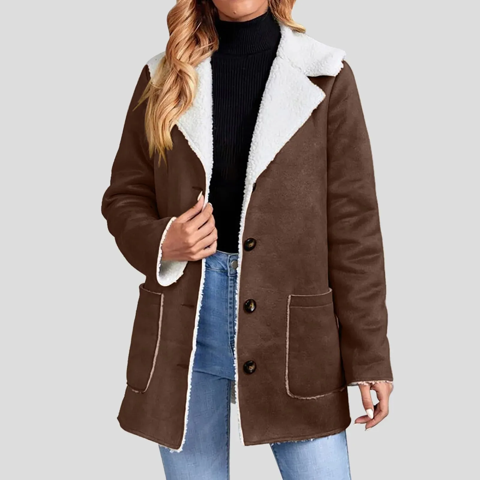Women's Winter Jacket Plus Size Fleece Lined Jackets Streetwear 2024 Suede Coats Warm Notch Lapel Outerwear With Big Pockets