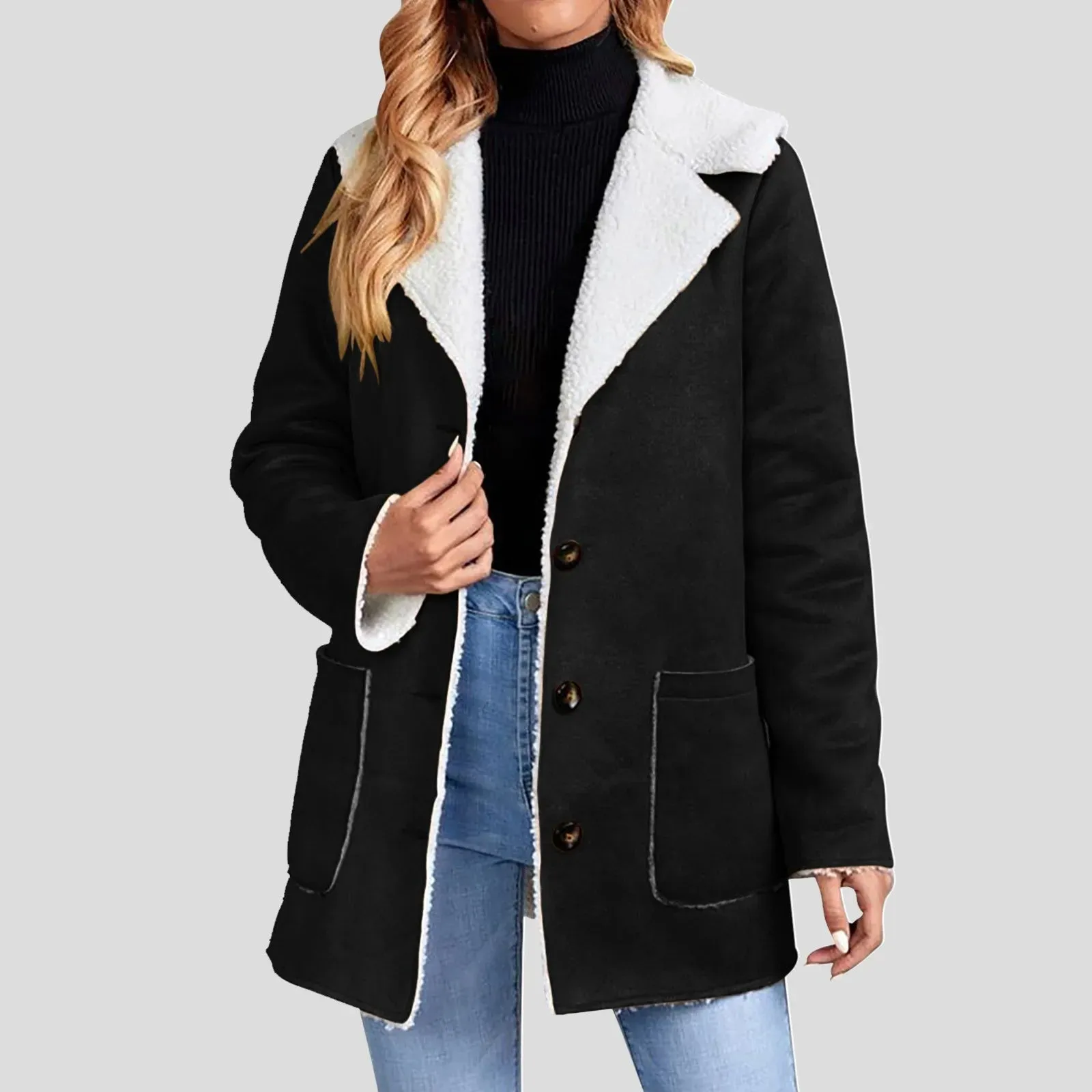 Women's Winter Jacket Plus Size Fleece Lined Jackets Streetwear 2024 Suede Coats Warm Notch Lapel Outerwear With Big Pockets