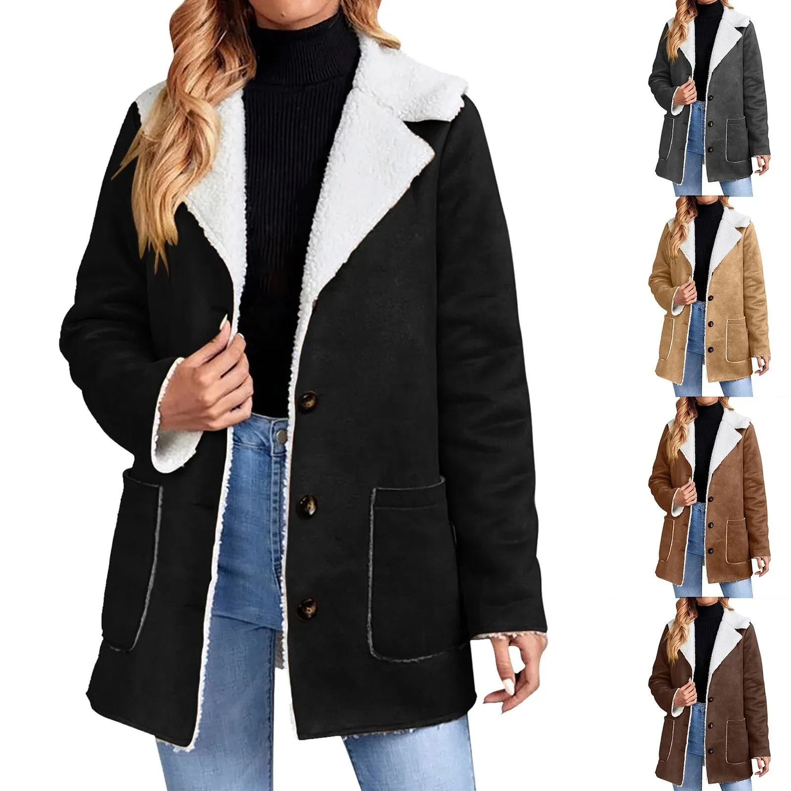 Women's Winter Jacket Plus Size Fleece Lined Jackets Streetwear 2024 Suede Coats Warm Notch Lapel Outerwear With Big Pockets