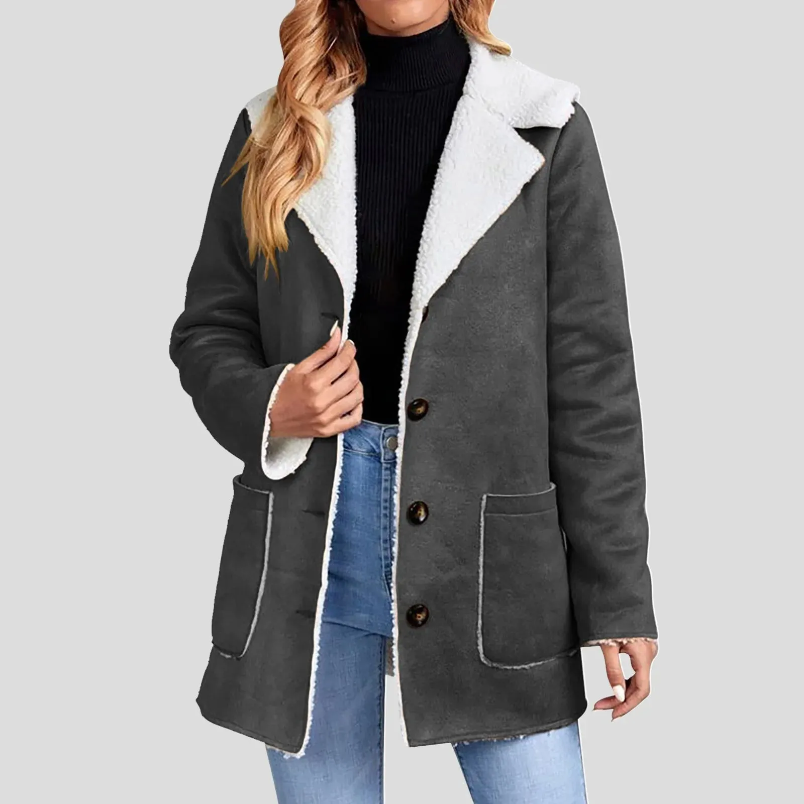 Women's Winter Jacket Plus Size Fleece Lined Jackets Streetwear 2024 Suede Coats Warm Notch Lapel Outerwear With Big Pockets