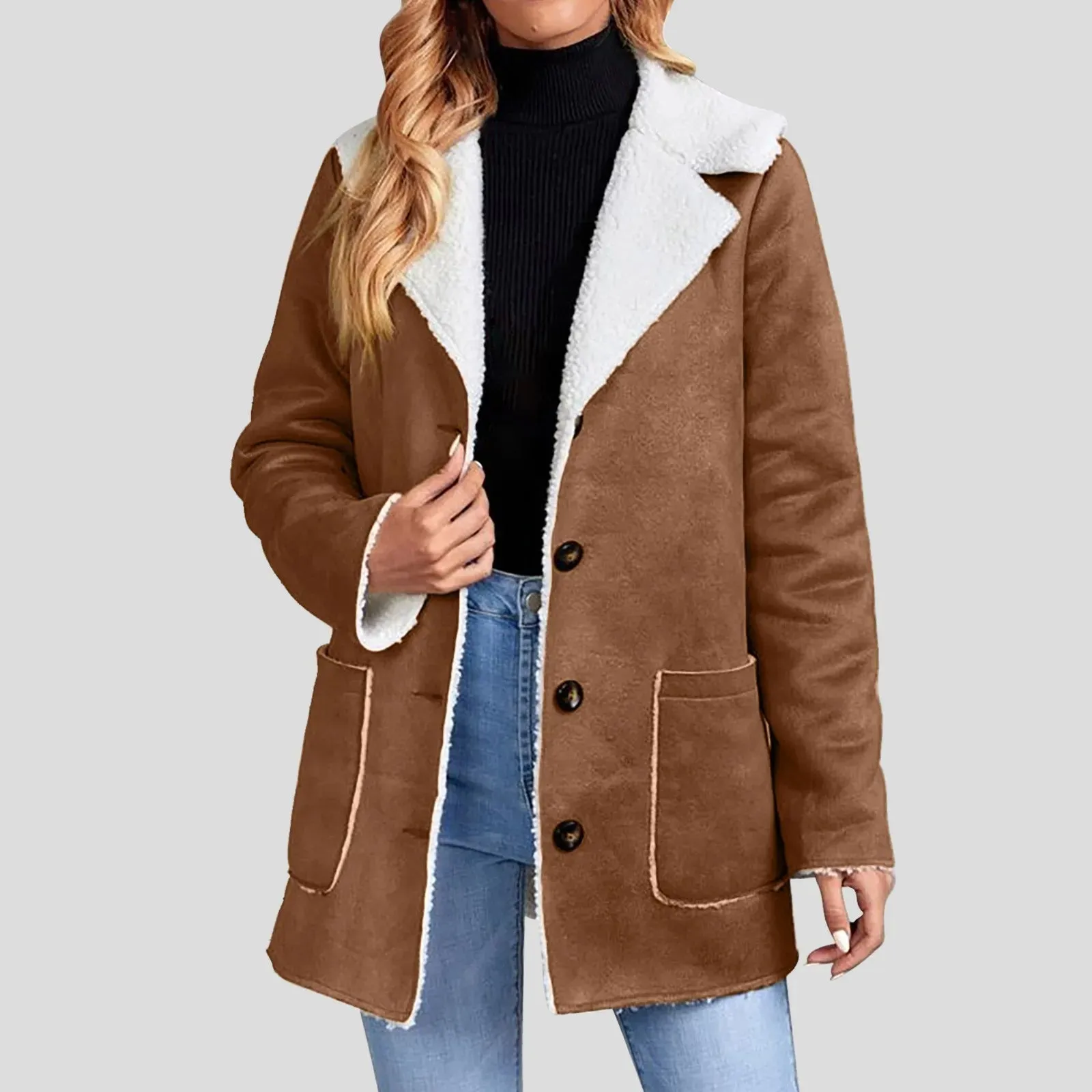 Women's Winter Jacket Plus Size Fleece Lined Jackets Streetwear 2024 Suede Coats Warm Notch Lapel Outerwear With Big Pockets