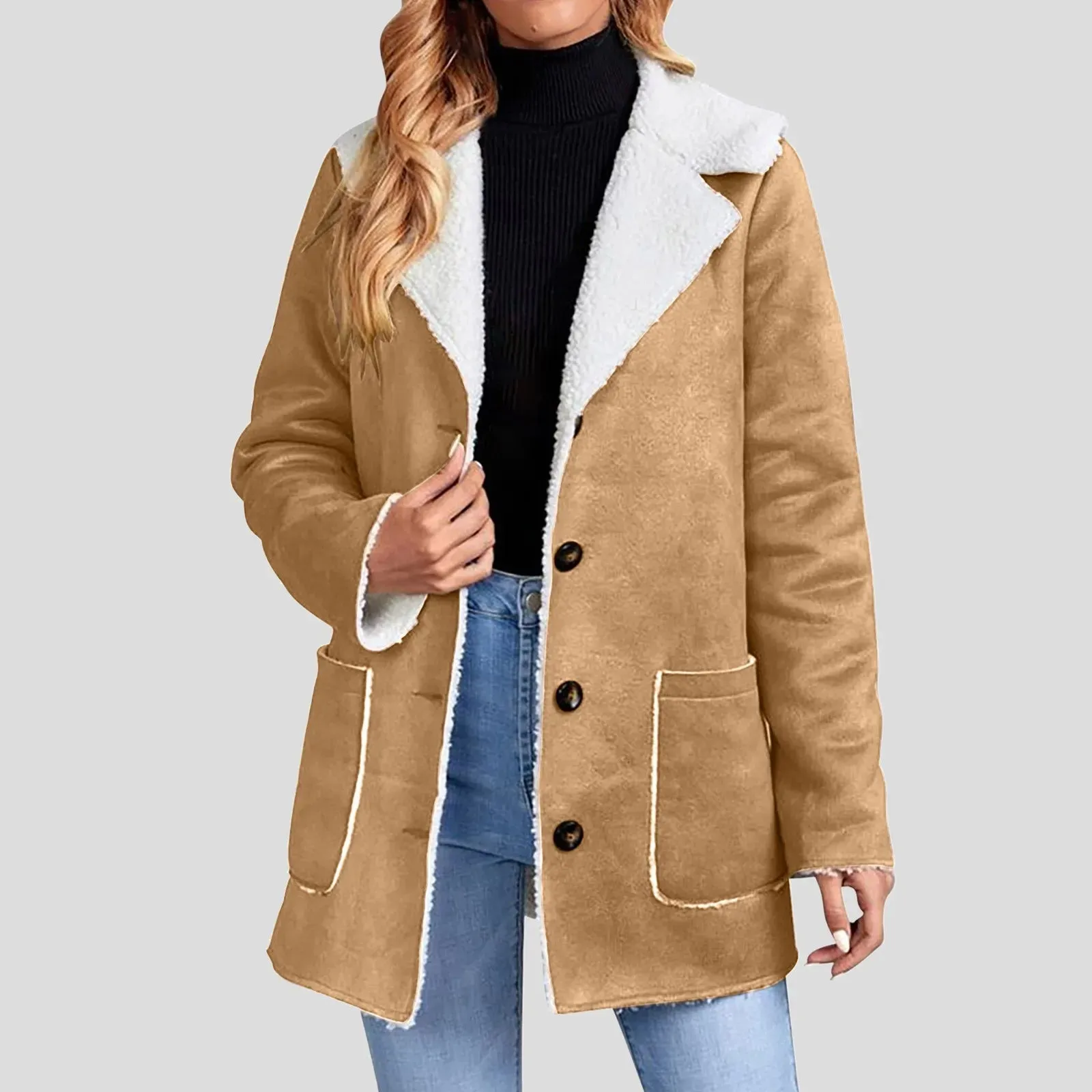Women's Winter Jacket Plus Size Fleece Lined Jackets Streetwear 2024 Suede Coats Warm Notch Lapel Outerwear With Big Pockets