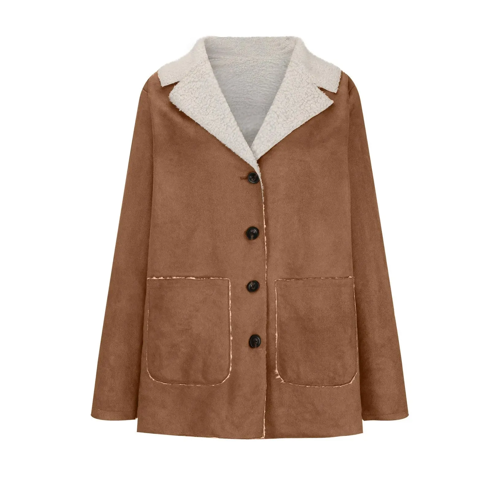Women's Winter Jacket Plus Size Fleece Lined Jackets Streetwear 2024 Suede Coats Warm Notch Lapel Outerwear With Big Pockets