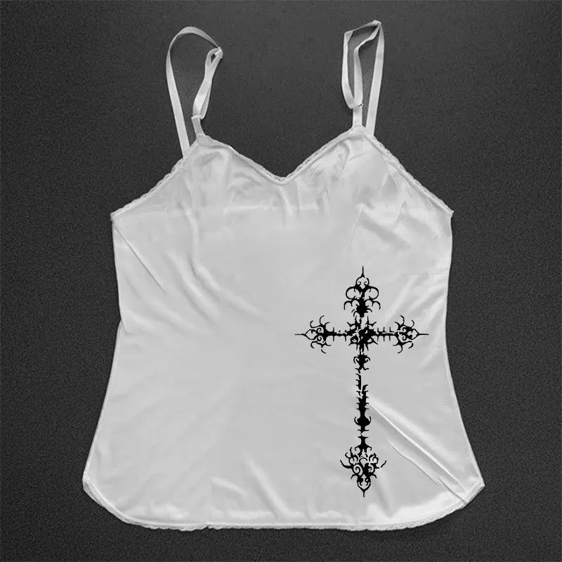 Y2K Gothic Grunge Punk Aesthetic Print Lace Camisole Top