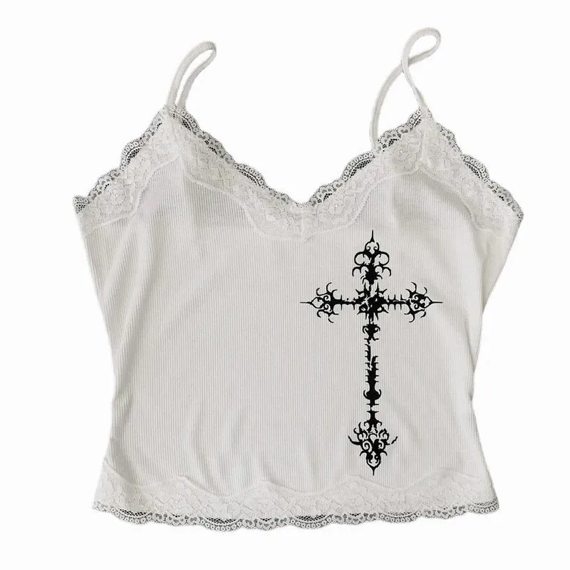 Y2K Gothic Grunge Punk Aesthetic Print Lace Camisole Top