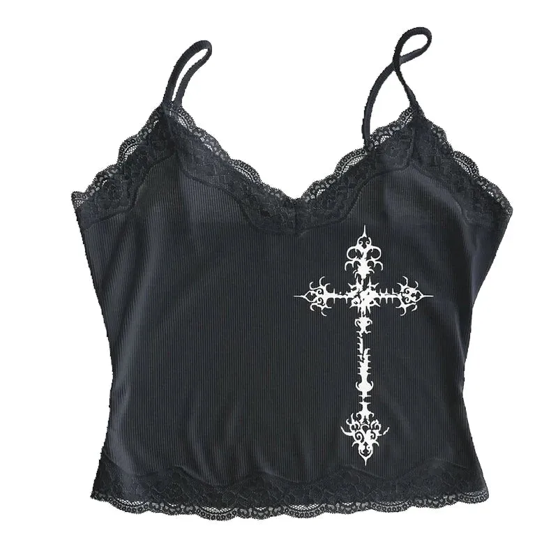 Y2K Gothic Grunge Punk Aesthetic Print Lace Camisole Top