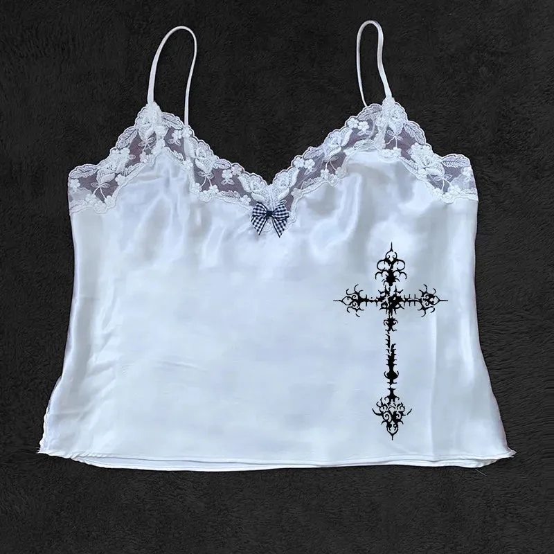 Y2K Gothic Grunge Punk Aesthetic Print Lace Camisole Top