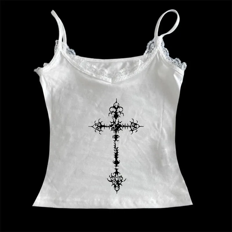 Y2K Gothic Grunge Punk Aesthetic Print Lace Camisole Top