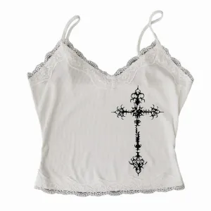 Y2K Gothic Grunge Punk Aesthetic Print Lace Camisole Top