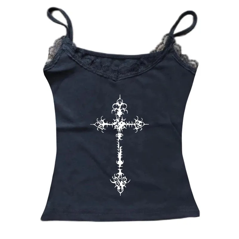 Y2K Gothic Grunge Punk Aesthetic Print Lace Camisole Top