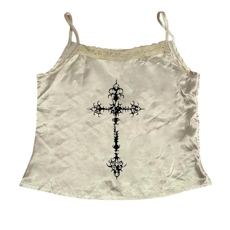 Y2K Gothic Grunge Punk Aesthetic Print Lace Camisole Top