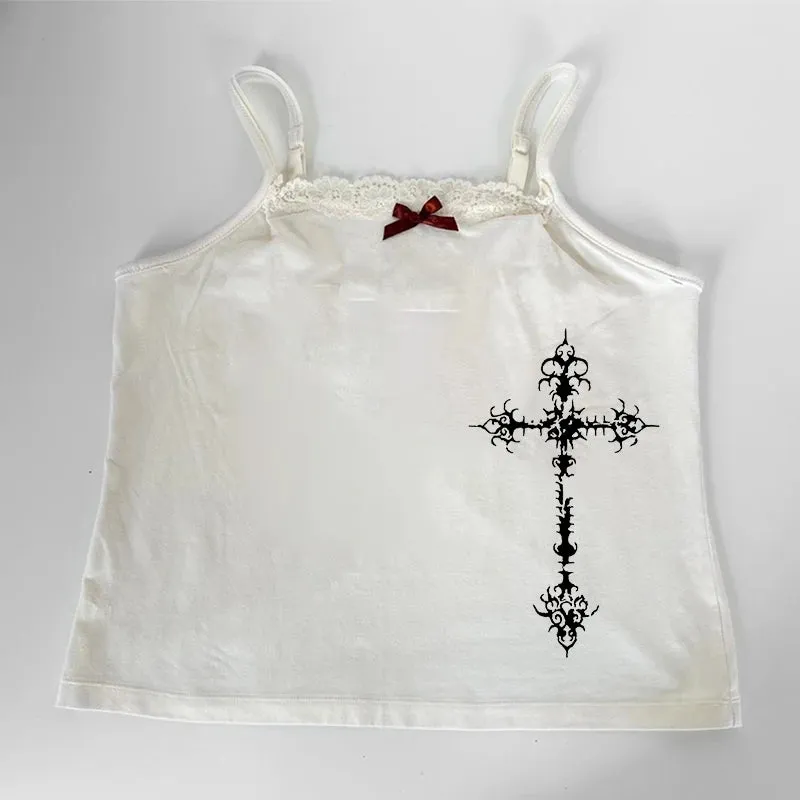 Y2K Gothic Grunge Punk Aesthetic Print Lace Camisole Top
