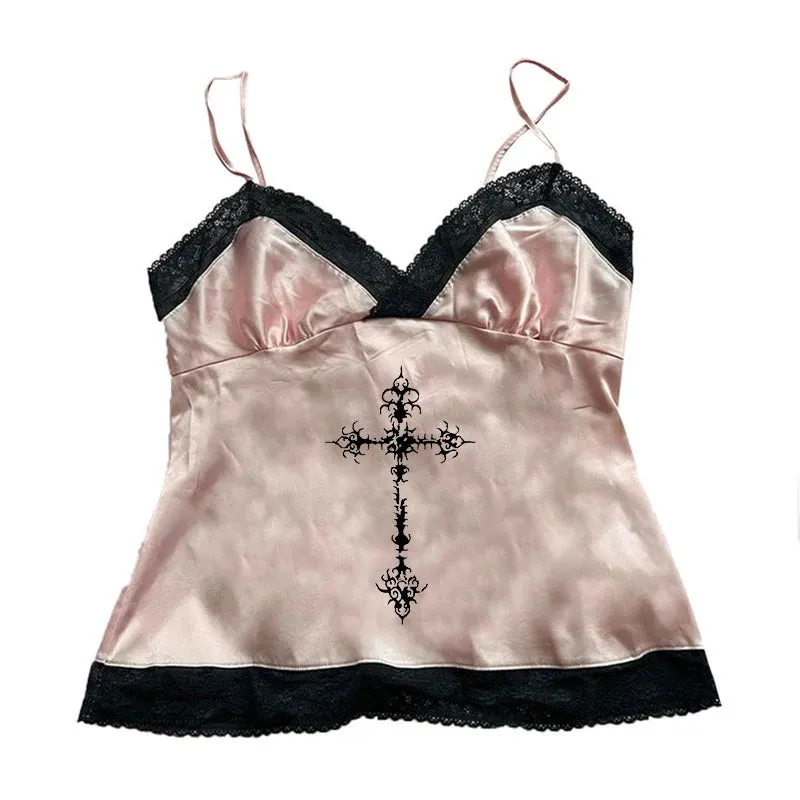 Y2K Gothic Grunge Punk Aesthetic Print Lace Camisole Top