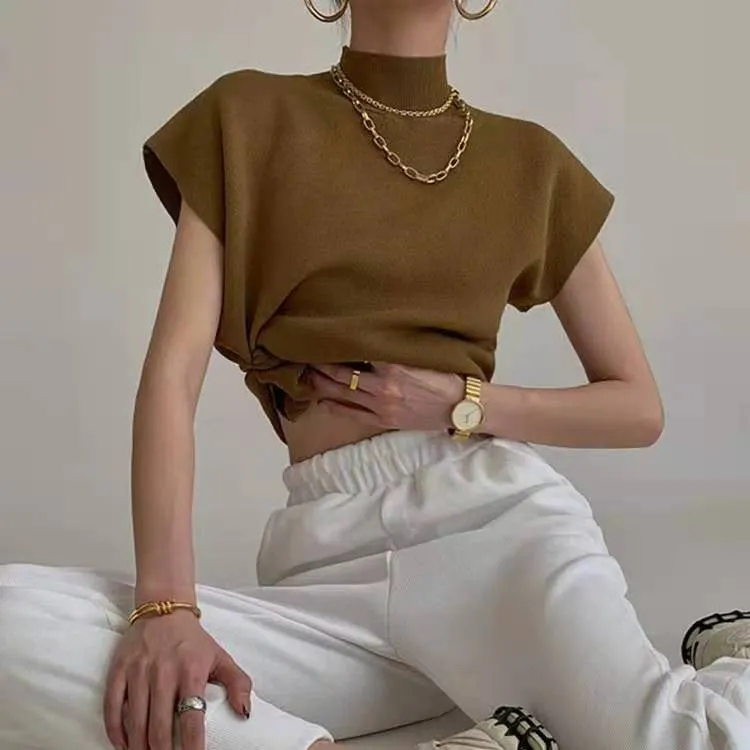 Yellow High Neck Short Sleeves Top