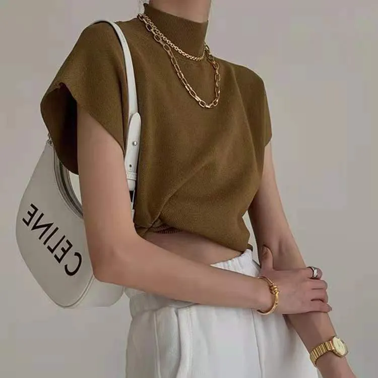 Yellow High Neck Short Sleeves Top