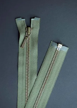 YKK, Open Ended Zip Drop Pull. Antique Brass. Fern Green. 60cm