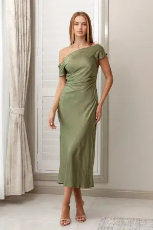 ZANIYAH ONE SHOULDER MAXI DRESS - Olive Green Satin