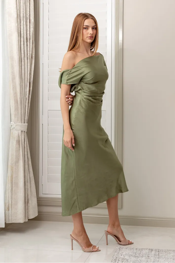 ZANIYAH ONE SHOULDER MAXI DRESS - Olive Green Satin