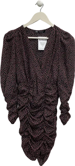 ZARA Black Ruched Heart Print Mini Dress UK XS