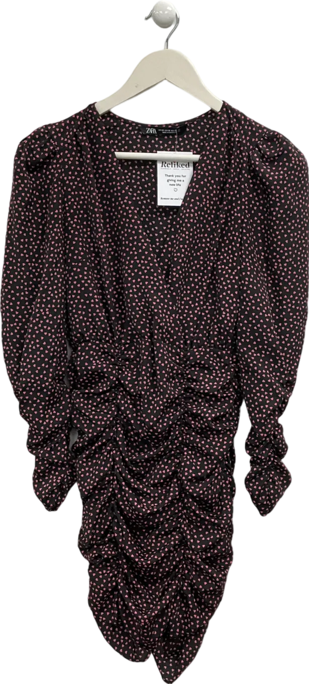 ZARA Black Ruched Heart Print Mini Dress UK XS